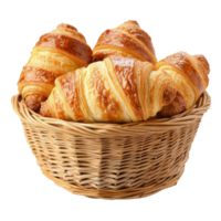 Freshly baked croissants in a woven basket on display at a local bakery early in the morning, Freshly Baked Croissants in a Bakery Basket Isolated on transparent background png