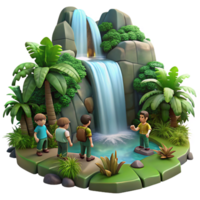 impressive modern A group of adventurers discovering a hidden waterfall in a lush jungle, dappled lighting, digital painting exclusive png
