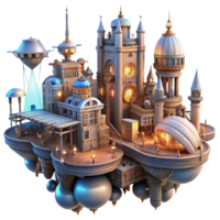 serene vintage A steampunk cityscape with flying machines and intricate architecture, cogs and gears visible, illuminated by a vibrant, futuristic light detailed png
