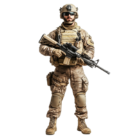 Fully geared soldier stands at attention with rifle in hand against a plain transparent background, Fully Geared Soldier Holding Rifle on transparent background png