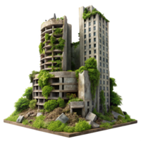 impressive abstract Post-apocalyptic ruins of a skyscraper, overgrown with vegetation, muted sunlight, desolate atmosphere, hyperrealistic, matte painting, detailed png