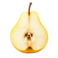 Half of a yellow pear fruit cut open, showcasing its juicy interior against a clean transparent background, Half of yellow pear fruit isolated on transparent background png