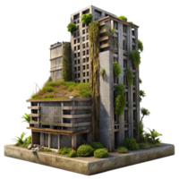 impressive contemporary Post-apocalyptic ruins of a skyscraper, overgrown with vegetation, muted sunlight, desolate atmosphere, hyperrealistic, matte painting, high resolution png