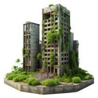 magnificent abstract Post-apocalyptic ruins of a skyscraper, overgrown with vegetation, muted sunlight, desolate atmosphere, hyperrealistic, matte painting, premium png