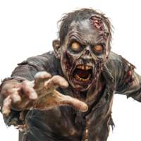A terrifying Halloween zombie emerging from the shadows with rotting flesh and glowing eyes against a transparent background, Halloween Zombie on transparent background png