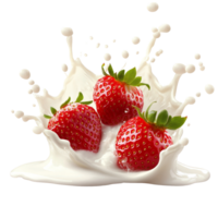Fresh strawberries splashing into creamy milk in a vibrant and refreshing display on a transparent background, Milk splash with strawberries isolated png