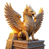 wonderful rustic A majestic griffin perched atop a crumbling ziggurat bathed in golden sunset light, intricate carvings visible on its feathers and the stone, Art Nouveau style original png