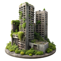 wonderful artistic Post-apocalyptic ruins of a skyscraper, overgrown with vegetation, muted sunlight, desolate atmosphere, hyperrealistic, matte painting, high resolution png