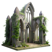 impressive contemporary A crumbling Gothic cathedral overgrown with vines, soft diffused sunlight filtering through broken stained glass, romanticism style, muted colors, genuine png