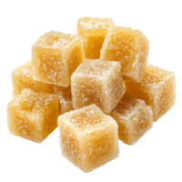Cubes of cane sugar pile isolated against a transparent background highlighting their texture and natural color for culinary uses and presentations, Cubes of cane sugar isolated on transparent png