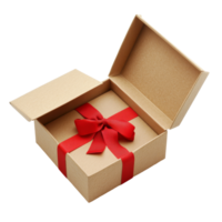 A brown open gift box tied with a red bow displayed on a transparent surface perfect for celebrations and holidays, Brown open gift box with red bow isolated on transparent background Stock Photo png