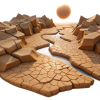 serene creative A dried-up riverbed in a cracked desert landscape, harsh midday sun, photorealistic style high quality png