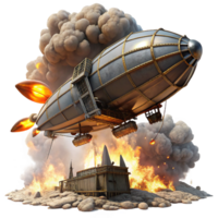dramatic creative A steampunk airship battle over a desolate wasteland, explosions and smoke filling the air, dramatic, fiery lighting genuine png