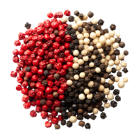 A vibrant assortment of red, black, and transparent pepper arranged in a circular pattern on a clean background, Mixed of peppers red, black and transparent pepper isolated on transparent background png