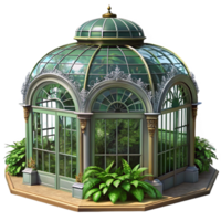 extraordinary minimalist Victorian greenhouse, ornate ironwork, lush plants, soft natural light, botanical, professional png