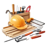 Carpentry tools and safety helmet arranged on a workbench for woodworking projects in a workshop setting, Carpentry tools with safety helmet Stock Illustration png