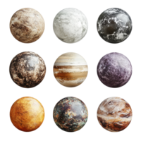 Textured rocky planets displayed as celestial bodies showcasing diverse surfaces and colors, Rocky Planets, Textured Celestial Bodies, Space Objects, Isolated on transparent background Background png