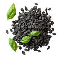 Basil seeds with fresh basil leaves on a transparent background showcasing natural ingredients, Basil seeds on transparent backgroundfile png