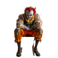 A creepy clown with bright hair sits alone on a chair, creating an eerie atmosphere against a transparent background, Scary clown sitting on a chair isolated on transparent background png