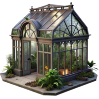 impressive artistic A dilapidated Victorian greenhouse, overgrown plants, broken glass, dim lighting, mysterious atmosphere high resolution png