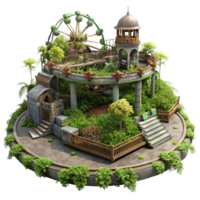 stunning modern An abandoned amusement park, overgrown with vegetation, eerie atmosphere, post-apocalyptic setting, original png