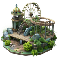 dramatic rustic An abandoned amusement park, overgrown with vegetation, eerie atmosphere, post-apocalyptic setting, high resolution png