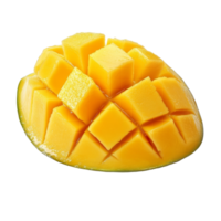 Fresh ripe mango slice cut into cubes sits on a clean transparent background ready to be enjoyed as a tropical snack, ripe mango slice isolated on transparent background png