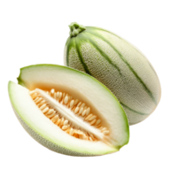 Fresh pepino melons, one halved, showcasing their unique texture, on a bright transparent background, half pepino melons isolated on transparent background png
