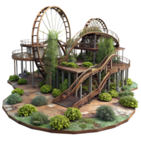 stunning minimalist Abandoned amusement park, rusted roller coasters, overgrown with weeds, eerie atmosphere, post-apocalyptic setting, hyperrealistic, exclusive png