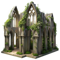 magnificent abstract A crumbling Gothic cathedral, overgrown with vines, dappled sunlight through stained-glass windows, ethereal, romantic style high resolution png