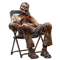 Spooky zombie sitting in a chair with a haunting expression and tattered clothing, isolated against a transparent background, Spooky Zombie Sitting in Chair Isolated on transparent background png