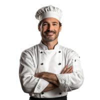 Executive chef in a transparent uniform, confidently posing with arms crossed on a clean transparent background, Executive chef on transparent background png