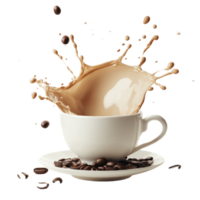 Milk coffee splashes dramatically in a transparent cup surrounded by coffee beans against a plain background, Milk coffee splashing with coffee beans isolated png