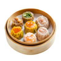 A steaming dim sum basket filled with assorted dumplings on a clean transparent background, dim sum basket on transparent backgroundfile png
