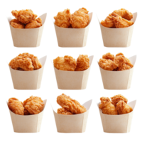 A delightful collection of crispy fried chicken stacked in paper containers, ready to be served at a casual gathering, Fried Chicken in paper bucket isolated on transparent background png