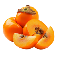 Freshly sliced ripe persimmons with whole fruits on a clean transparent background showcasing their vibrant color, slice ripe persimmons isolated on transparent background png