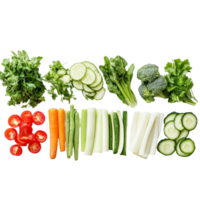 A colorful array of freshly cut vegetables lined up on a transparent surface for meal preparation, Different types of cut vegetables in a line on a transparent background png