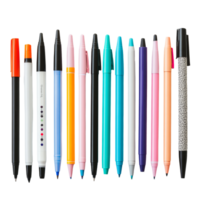 Colorful assortment of pens and markers arranged neatly in a row, showcasing a vibrant palette for creative, colorful pens and markers laid out side by sideisolated on transparent background png