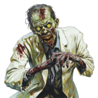 A zombie scientist advances menacingly against a stark transparent background, embodying horror and the grotesque, zombie scientist on transparent background png