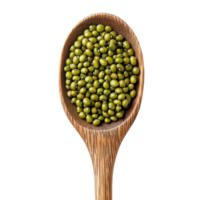 Fresh mung beans in a wooden spoon displayed against a clean, transparent background for culinary inspiration, Mung beans in wood spoon isolated on transparent background png