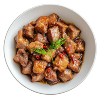 Delicious boiled meat dish served in a bowl with herbs and spices, perfect for any mealtime gathering, Dish made of boiled meat top view isolated on transparent background png