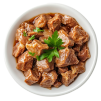 A delicious serving of boiled meat garnished with fresh parsley in a transparent bowl on a transparent background, Dish made of boiled meat top view isolated on transparent background png