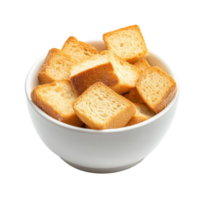 Crispy bread cubes piled high in a classic transparent bowl on a clean transparent background highlighting their delicious texture, crispy bread in transparent bowl on transparent background png