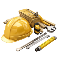 Construction tools and safety helmet arranged on a surface in workshop setting showcasing essential equipment for site operations, Construction tools with safety helmet png
