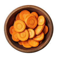 Fresh carrot slices arranged in a wooden bowl on a transparent background showcasing vibrant colors and textures, carrot slices in wood bowl on transparent background png