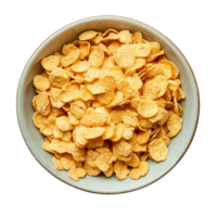 A bowl of corn flakes rests on a transparent background showcasing a simple and classic breakfast option perfect for any meal, corn flakes in a bowl on transparent background png