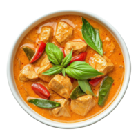 Delicious Panaeng curry with chicken, bell peppers, and fresh basil served in a transparent bowl on a clean background, Panaeng curry is a type of Thai curry on transparent background png