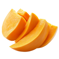Sliced pumpkin pieces showing bright orange flesh isolated on a clean transparent background for culinary use, Sliced pumpkin isolated on transparent background png