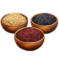 A colorful display of three types of rice in wooden bowls on a neutral background for culinary enthusiasts, Three types of rice in bowls basmati rice, red rice and black rice png