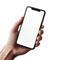 A person holding a smartphone mockup with a blank screen for showcasing digital designs and applications, Mobile phone mockups, smartphone screen mock up frame in hand isolated on transparent png